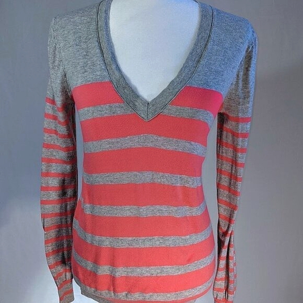 J. Crew Gray & Pink Striped Lightweight V-neck Long Sleeve Sweater